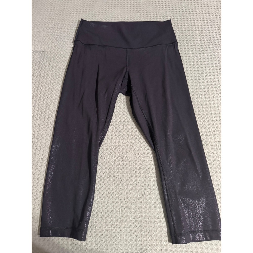 Lululemon Shiny Cropped Leggings Black Metallic High Rise Yoga Pants Size 10